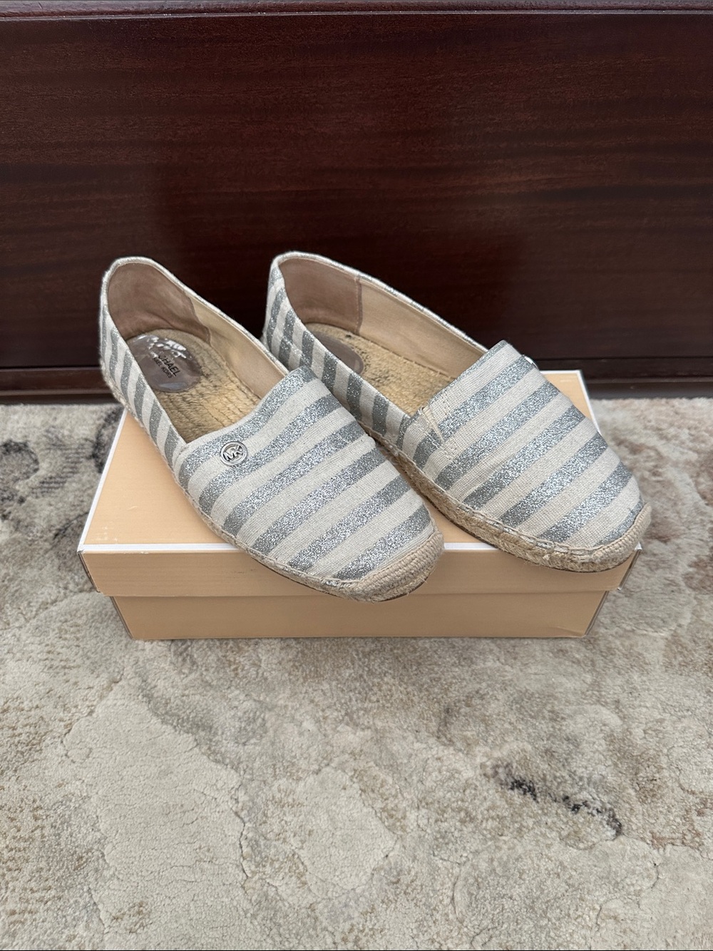 Michael Kors Silver and White Striped Espadrille Slip-Ons